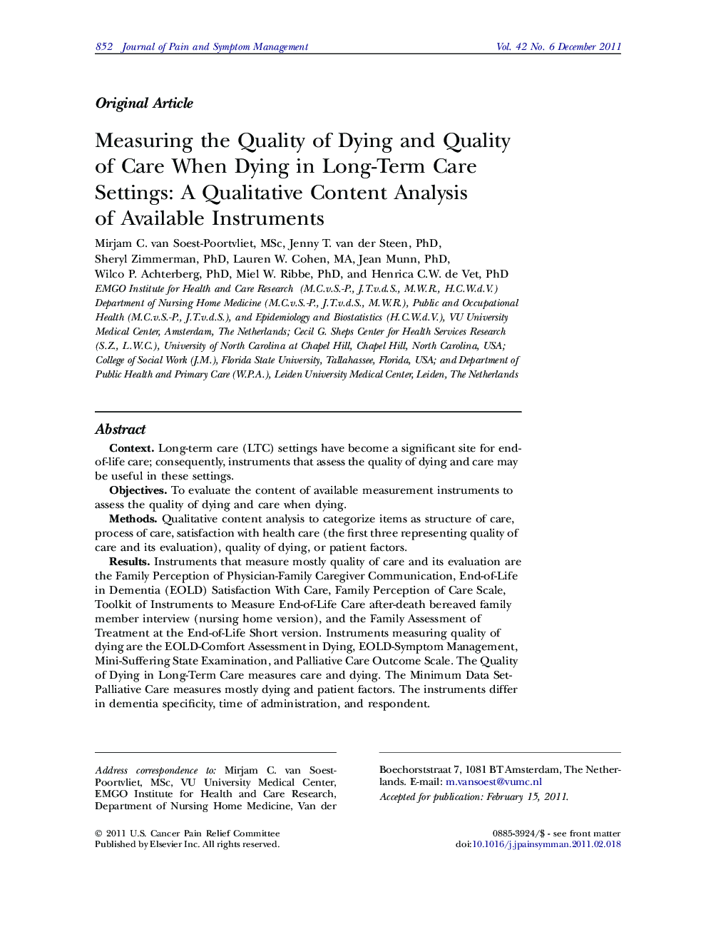Measuring the Quality of Dying and Quality of Care When Dying in Long-Term Care Settings: A Qualitative Content Analysis of Available Instruments