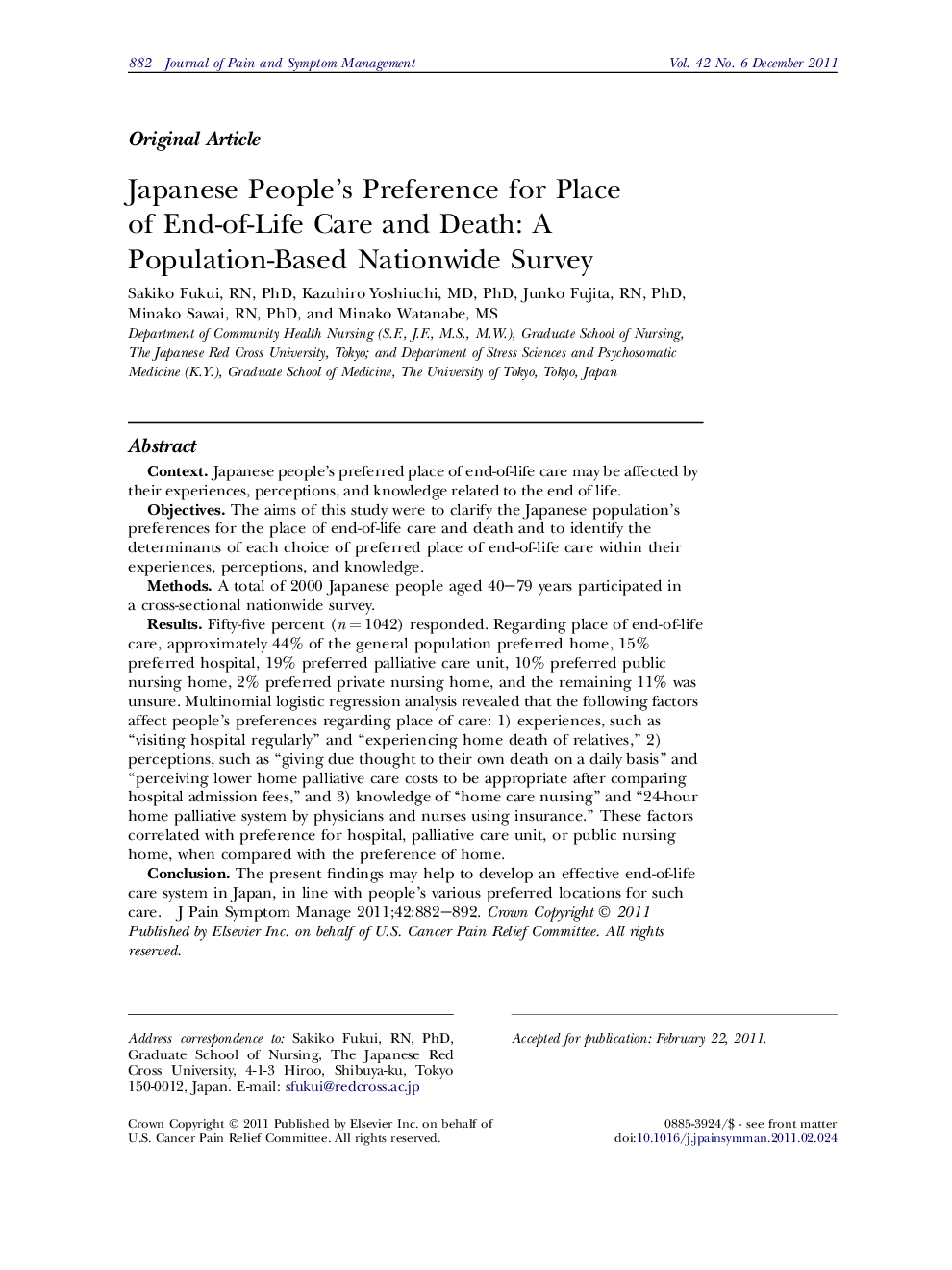 Japanese People’s Preference for Place of End-of-Life Care and Death: A Population-Based Nationwide Survey