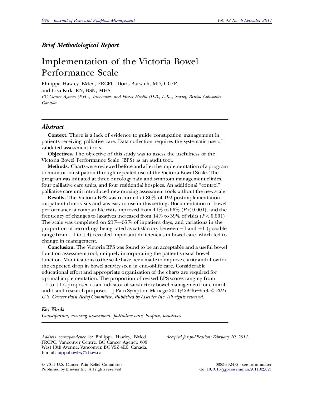 Implementation of the Victoria Bowel Performance Scale