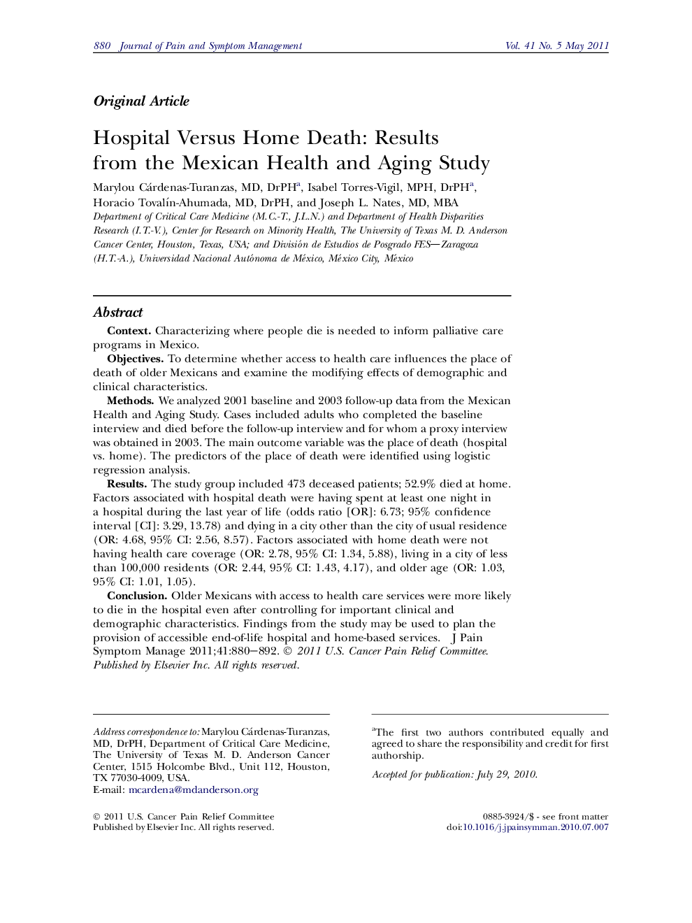 Hospital Versus Home Death: Results from the Mexican Health and Aging Study