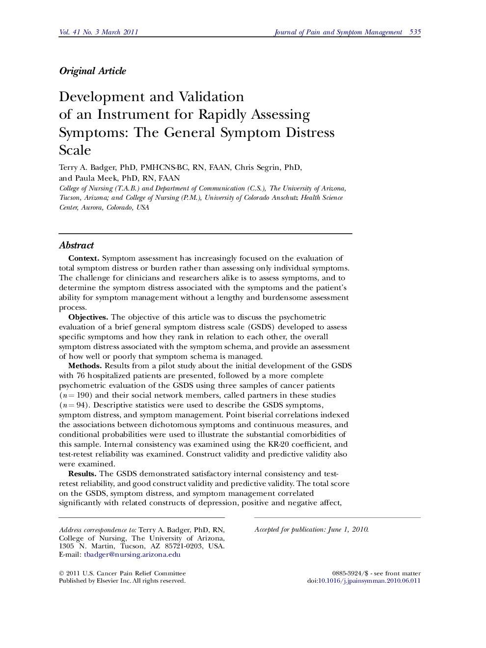 Development and Validation of an Instrument for Rapidly Assessing Symptoms: The General Symptom Distress Scale