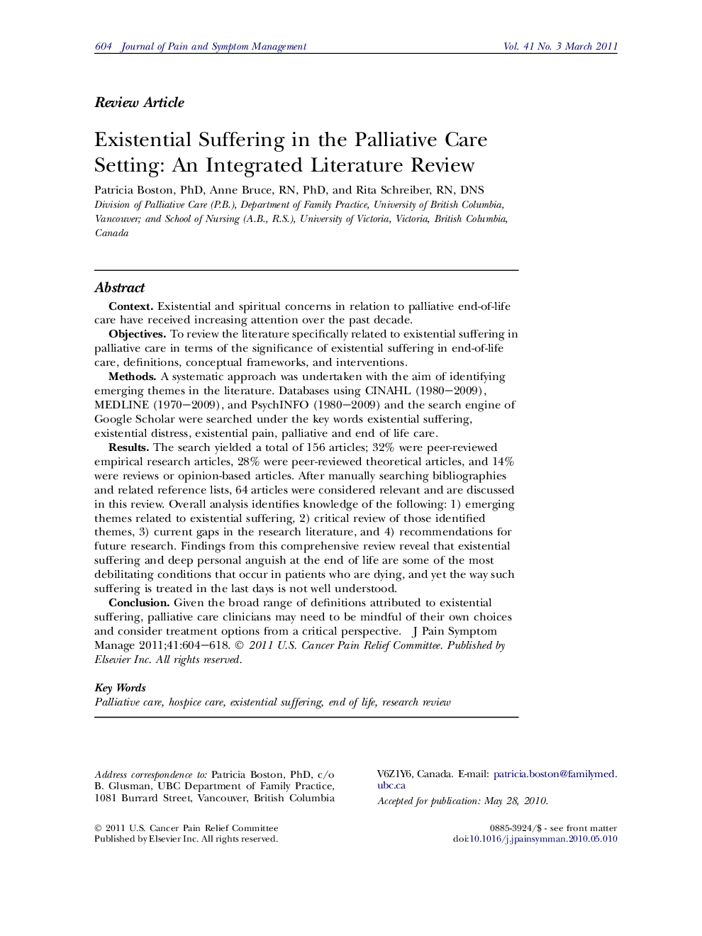 Existential Suffering in the Palliative Care Setting: An Integrated Literature Review