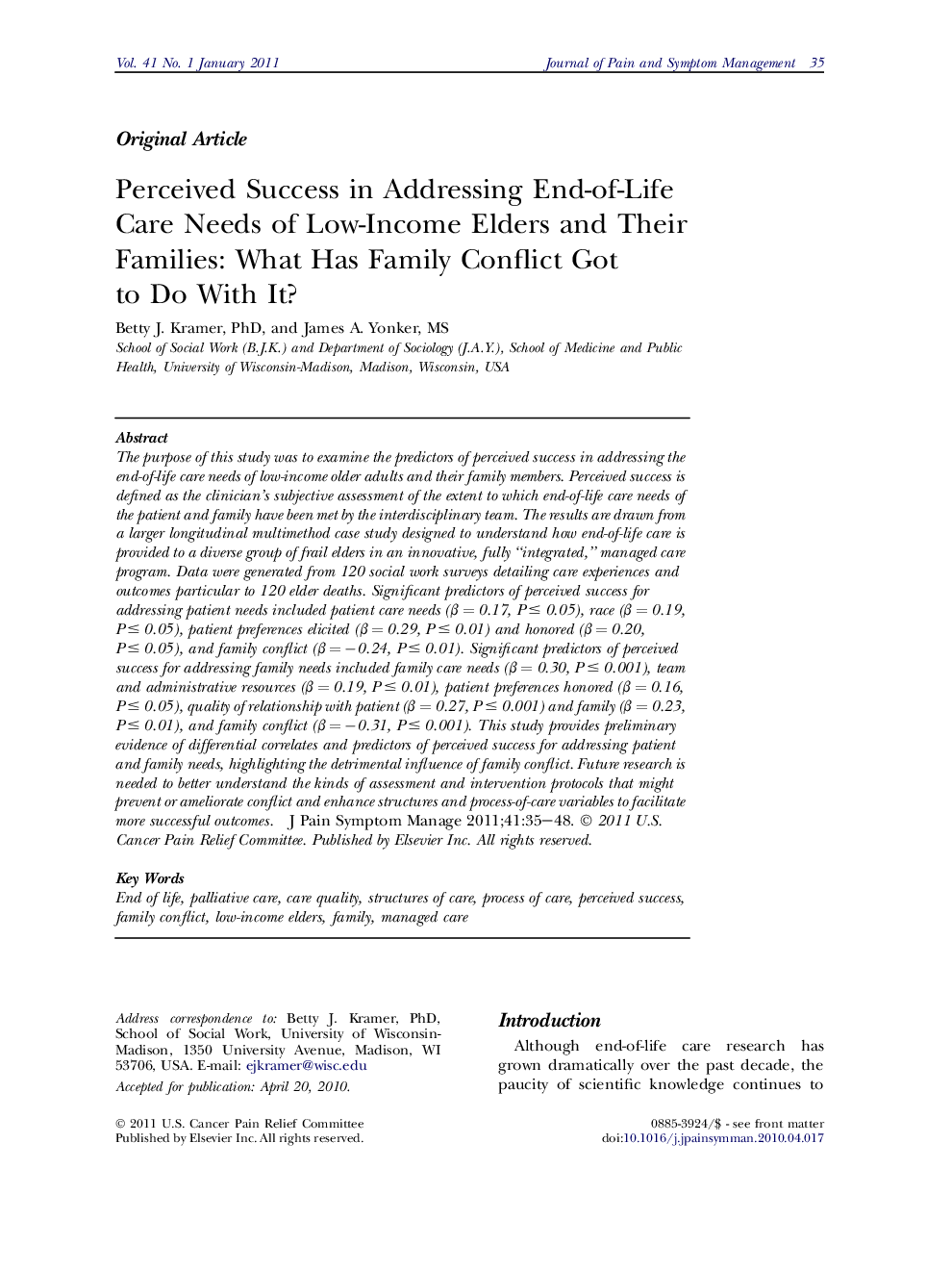 Perceived Success in Addressing End-of-Life Care Needs of Low-Income Elders and Their Families: What Has Family Conflict Got to Do With It?