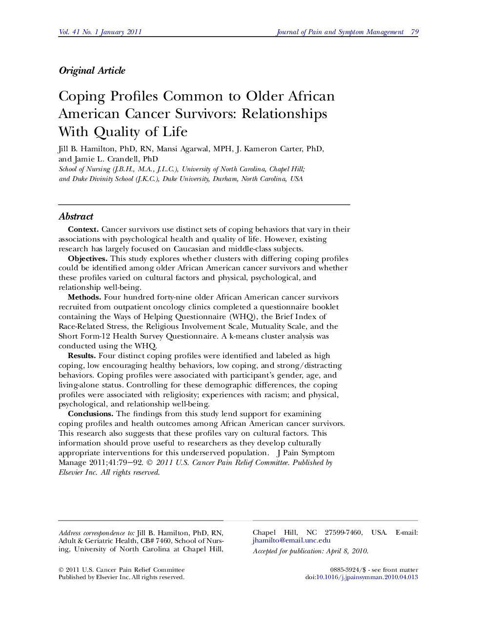 Coping Profiles Common to Older African American Cancer Survivors: Relationships With Quality of Life