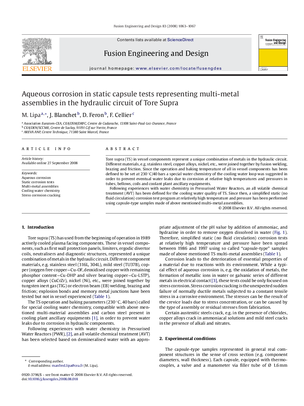 Aqueous corrosion in static capsule tests representing multi-metal assemblies in the hydraulic circuit of Tore Supra