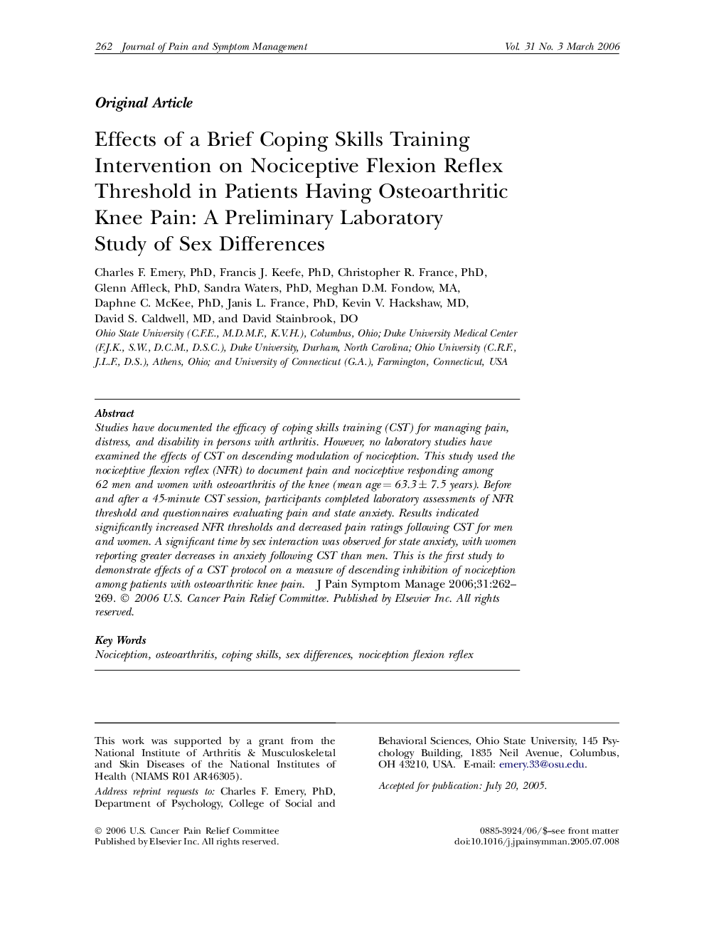 Effects of a Brief Coping Skills Training Intervention on Nociceptive Flexion Reflex Threshold in Patients Having Osteoarthritic Knee Pain: A Preliminary Laboratory Study of Sex Differences 