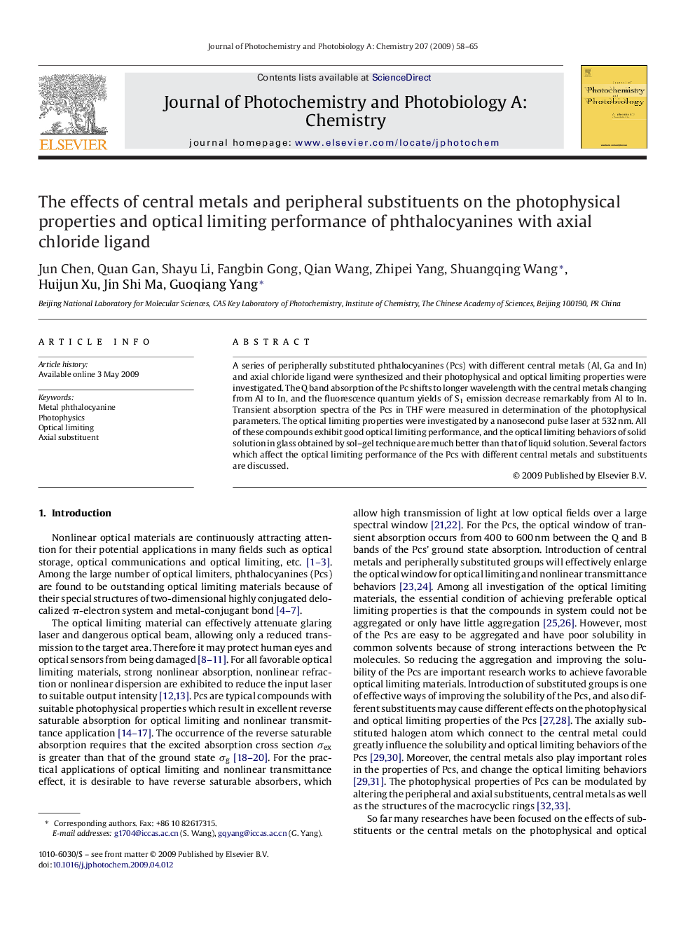 The effects of central metals and peripheral substituents on the photophysical properties and optical limiting performance of phthalocyanines with axial chloride ligand