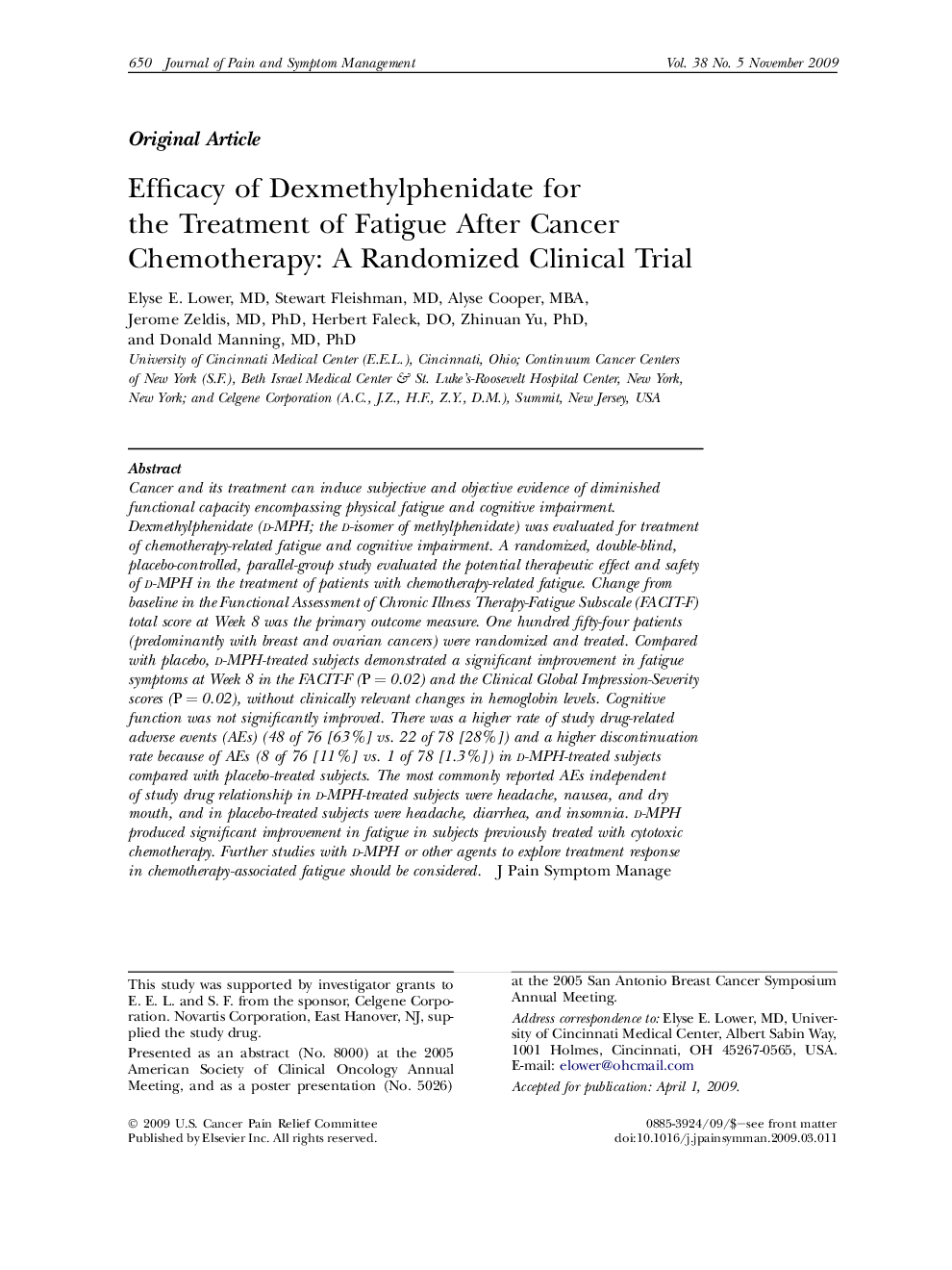 عکس صفحه اول مقاله: Efficacy of Dexmethylphenidate for the Treatment of Fatigue After Cancer Chemotherapy: A Randomized Clinical Trial Efficacy of Dexmethylphenidate for the Treatment of Fatigue After Cancer Chemotherapy: A Randomized Clinical Trial
