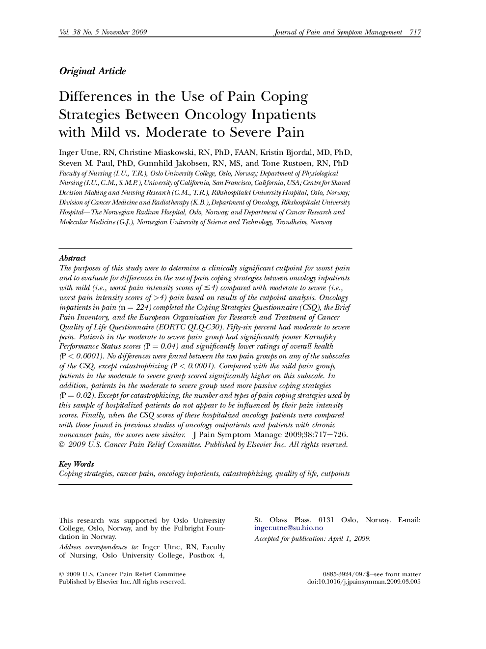 Differences in the Use of Pain Coping Strategies Between Oncology Inpatients with Mild vs. Moderate to Severe Pain 