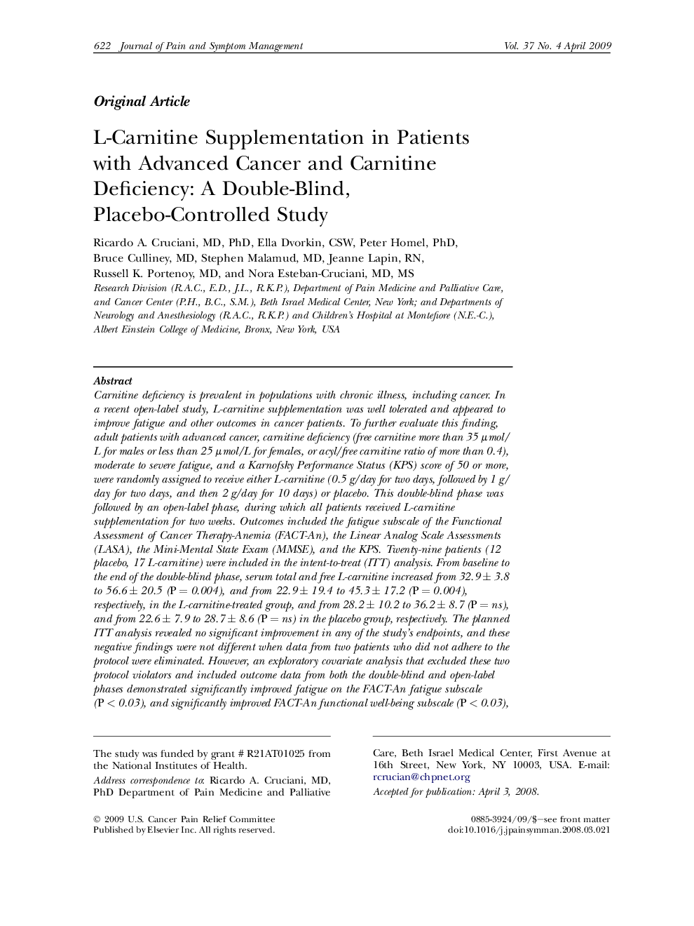 L-Carnitine Supplementation in Patients with Advanced Cancer and Carnitine Deficiency: A Double-Blind, Placebo-Controlled Study 