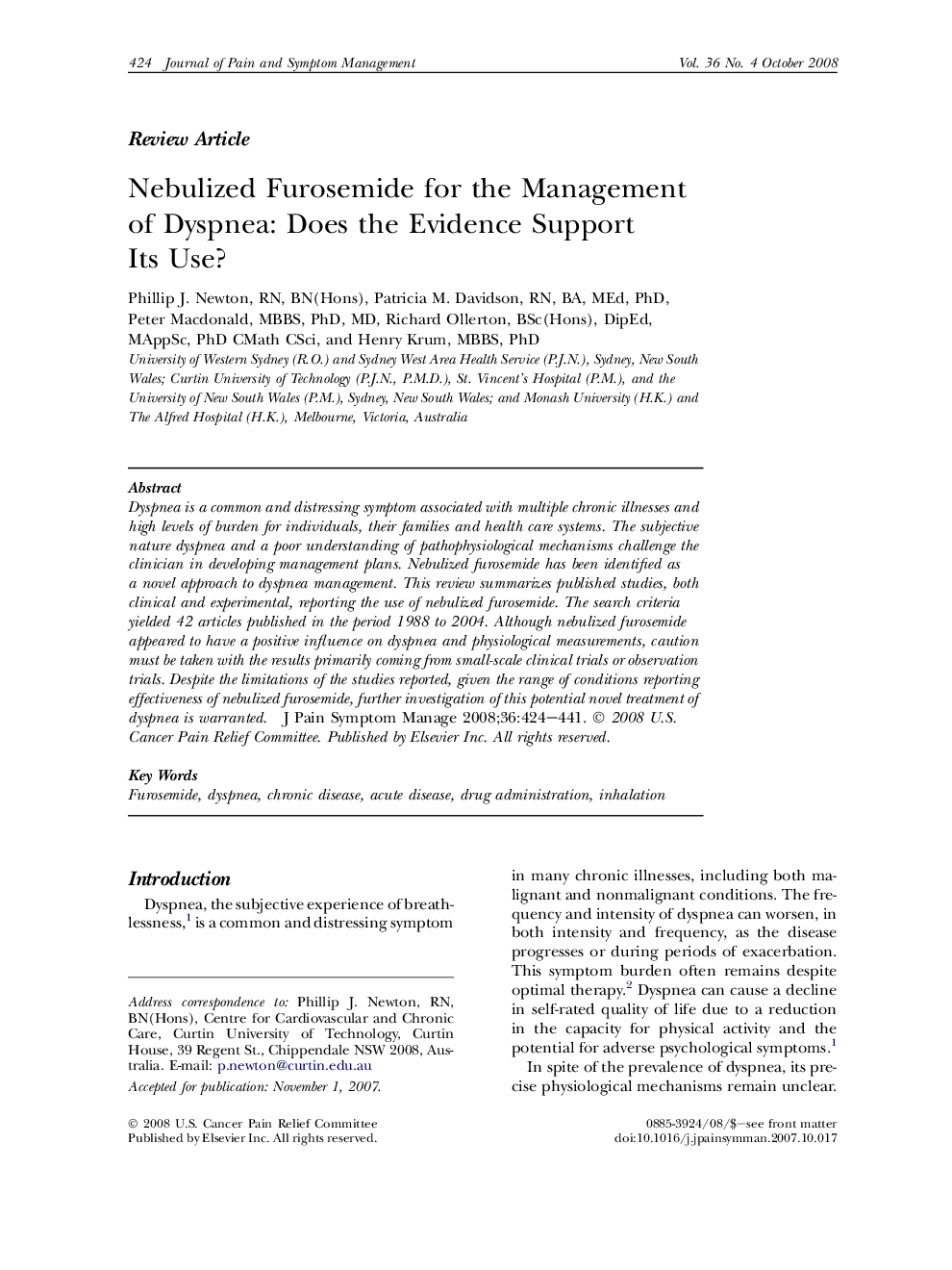 Nebulized Furosemide for the Management of Dyspnea: Does the Evidence Support Its Use?