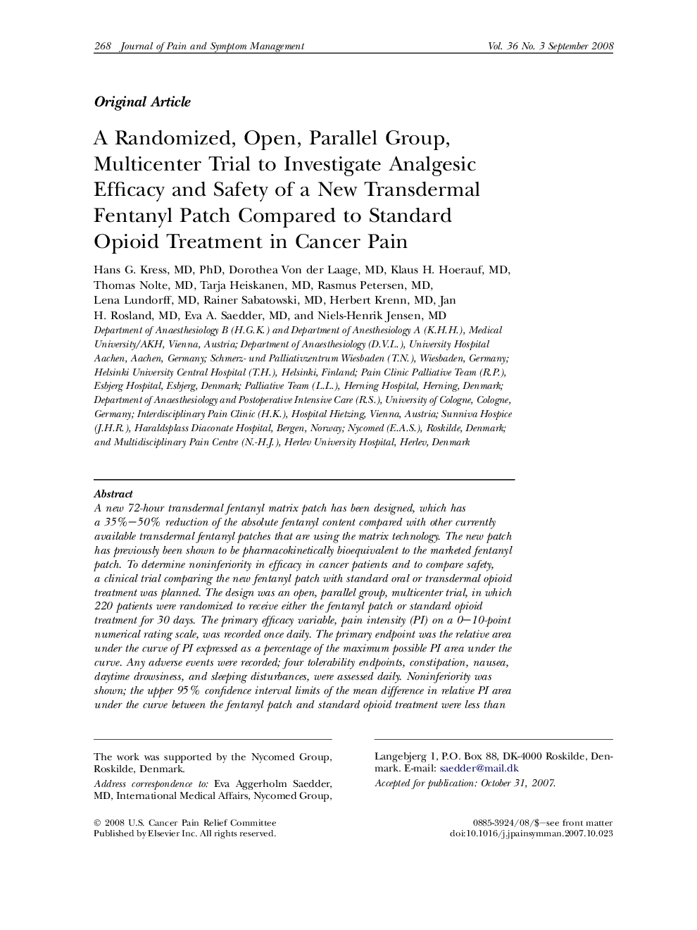 A Randomized, Open, Parallel Group, Multicenter Trial to Investigate Analgesic Efficacy and Safety of a New Transdermal Fentanyl Patch Compared to Standard Opioid Treatment in Cancer Pain 