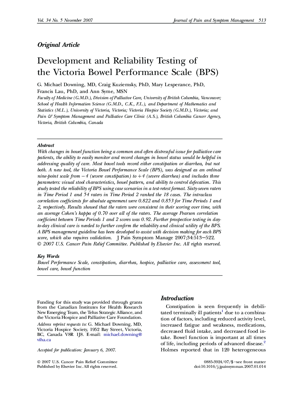 Development and Reliability Testing of the Victoria Bowel Performance Scale (BPS) 