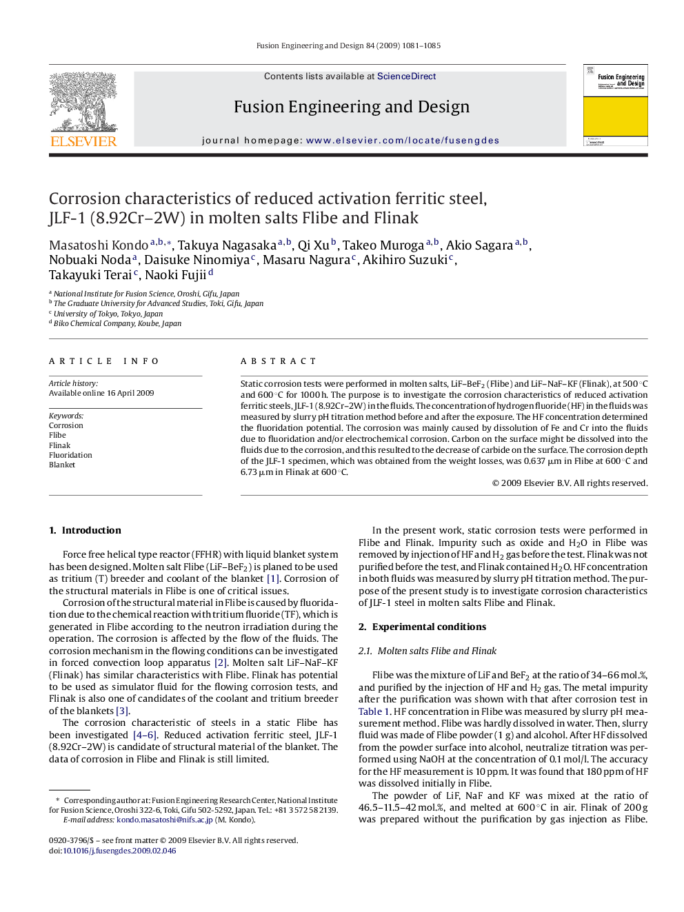 Corrosion characteristics of reduced activation ferritic steel, JLF-1 (8.92Cr–2W) in molten salts Flibe and Flinak