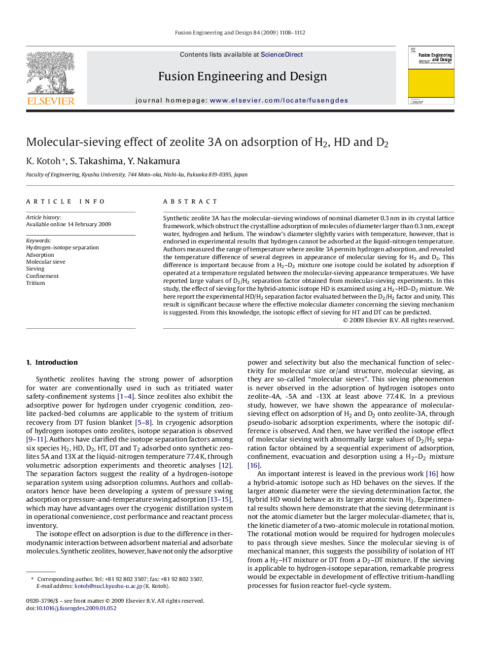 Molecular-sieving effect of zeolite 3A on adsorption of H2, HD and D2