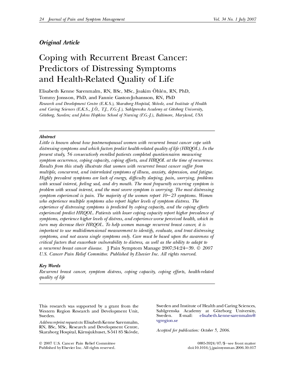 Coping with Recurrent Breast Cancer: Predictors of Distressing Symptoms and Health-Related Quality of Life 