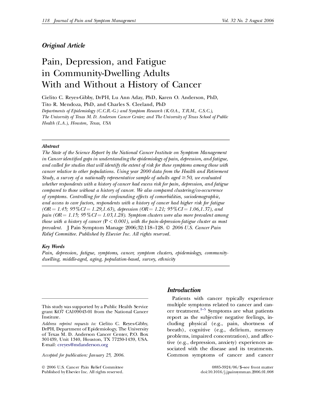 Pain, Depression, and Fatigue in Community-Dwelling Adults With and Without a History of Cancer 