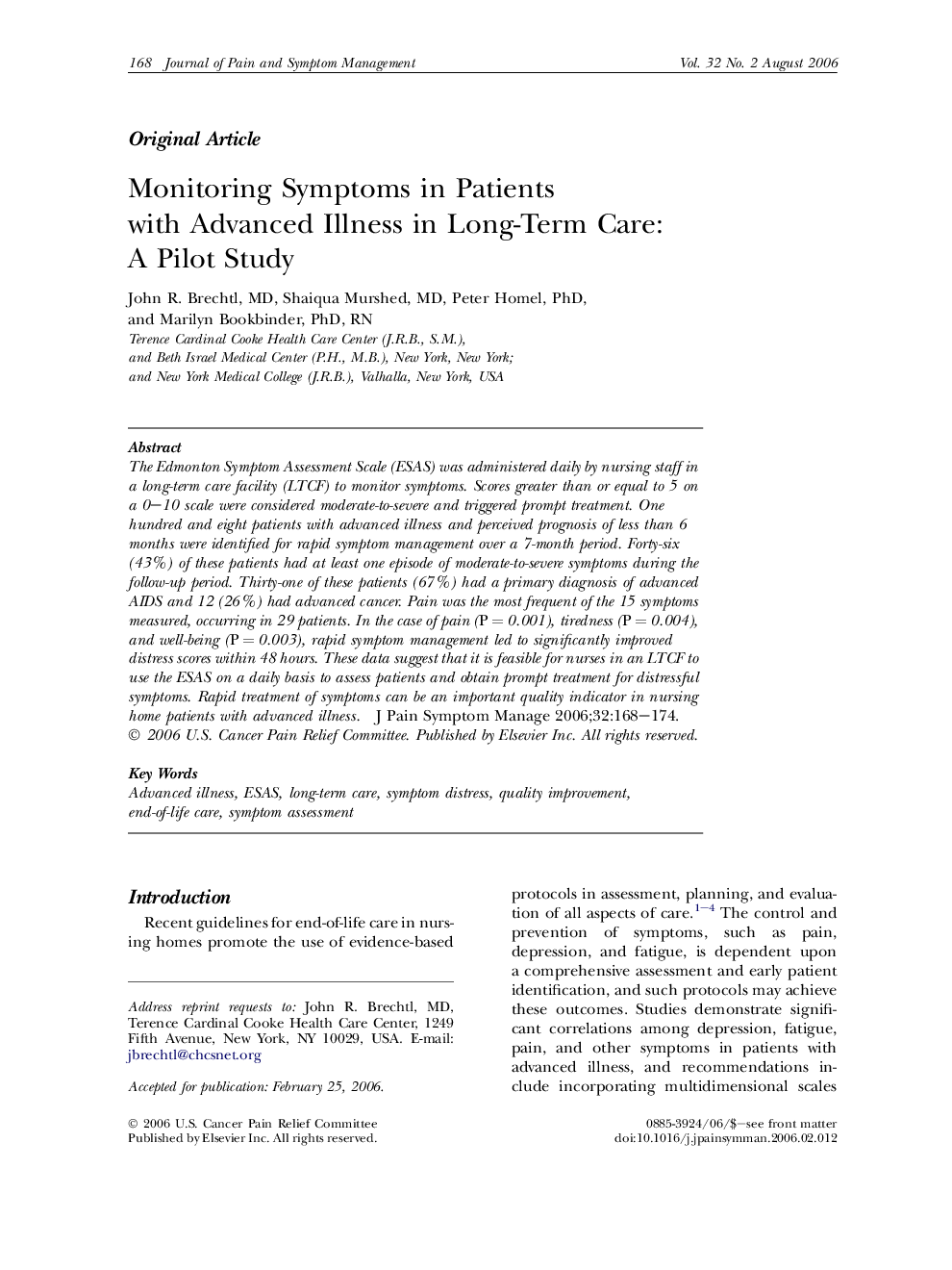 Monitoring Symptoms in Patients with Advanced Illness in Long-Term Care: A Pilot Study