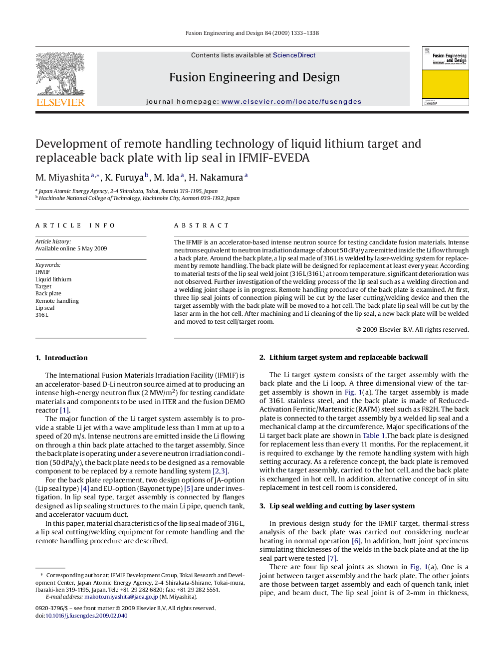 Development of remote handling technology of liquid lithium target and replaceable back plate with lip seal in IFMIF-EVEDA