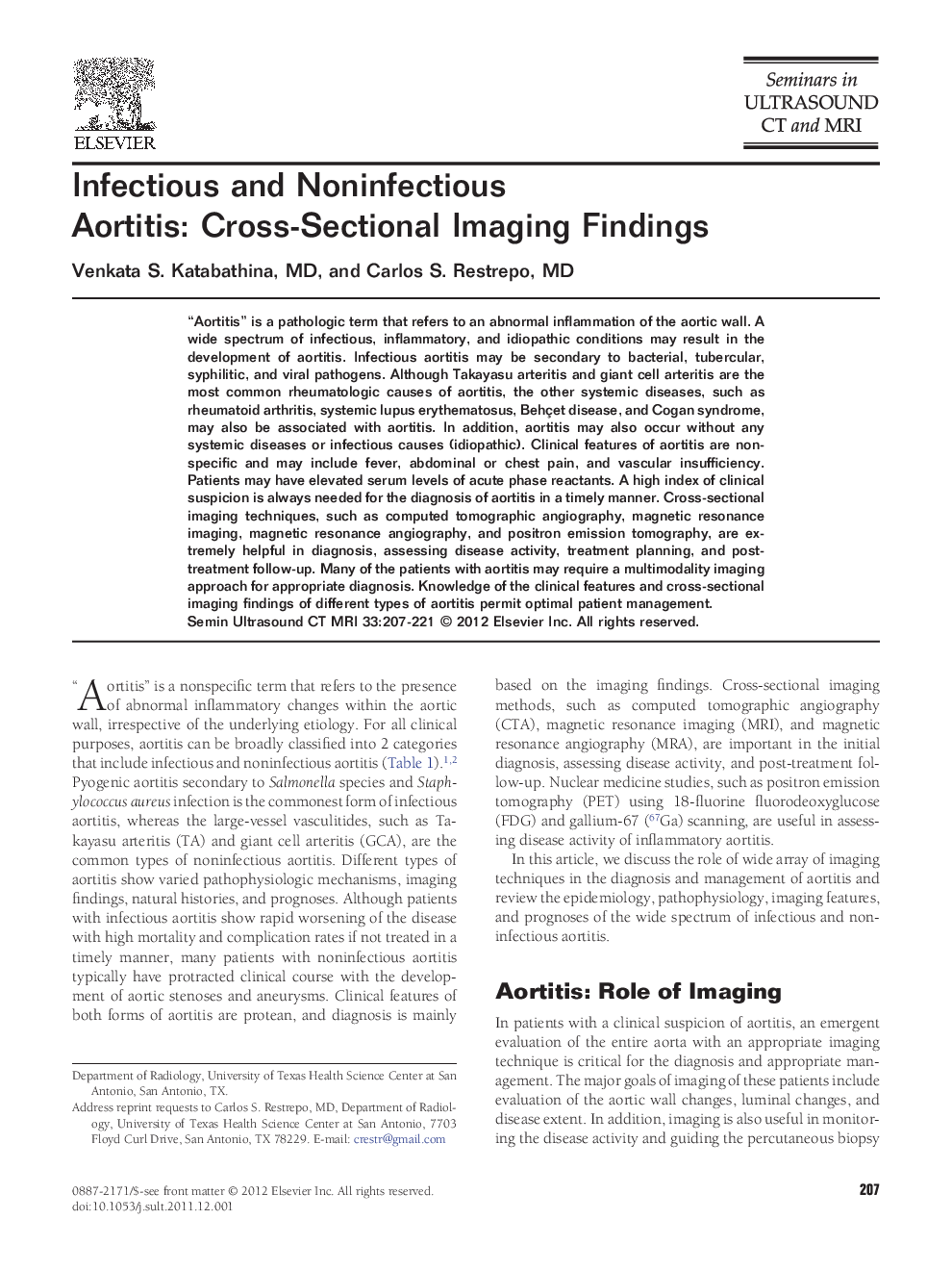 Infectious and Noninfectious Aortitis: Cross-Sectional Imaging Findings