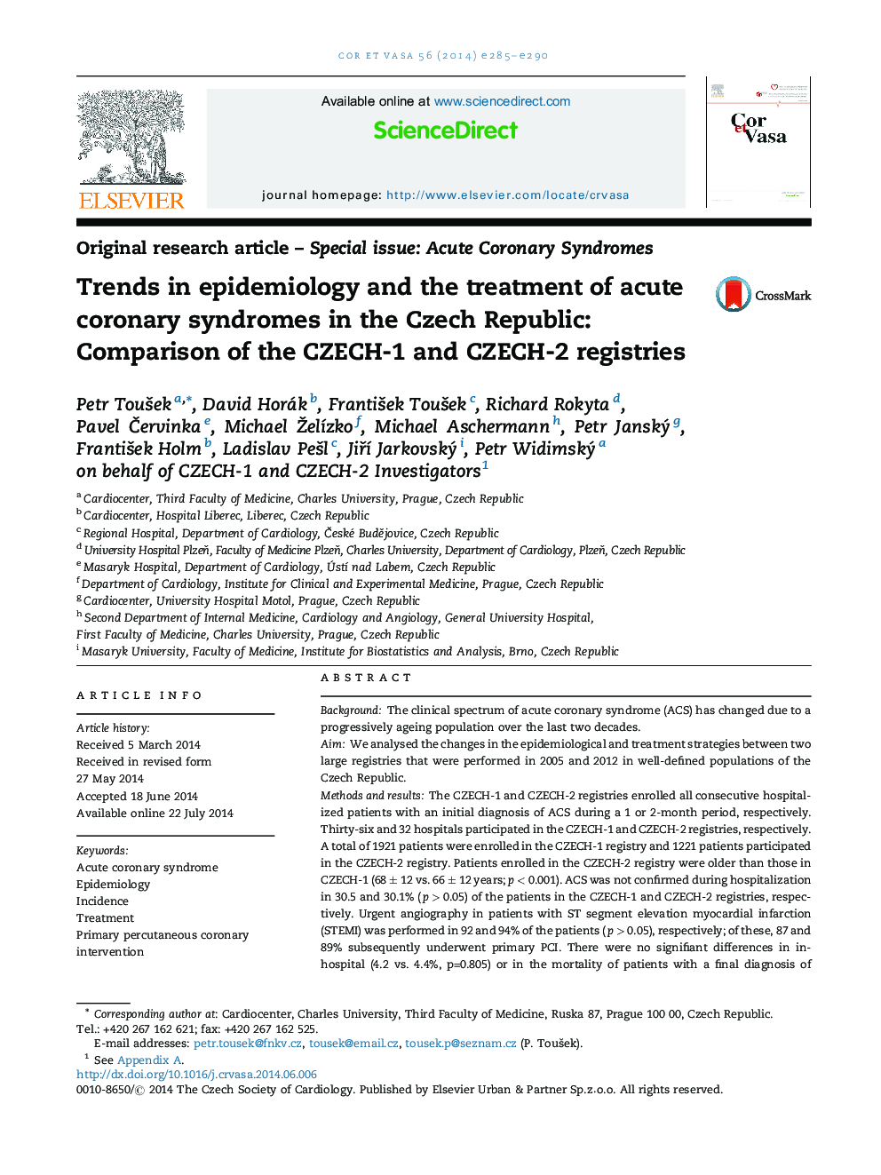 Trends in epidemiology and the treatment of acute coronary syndromes in the Czech Republic: Comparison of the CZECH-1 and CZECH-2 registries