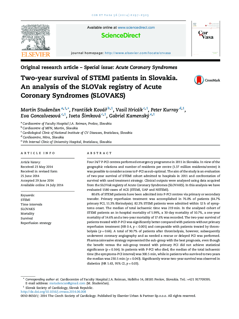 Two-year survival of STEMI patients in Slovakia. An analysis of the SLOVak registry of Acute Coronary Syndromes (SLOVAKS)