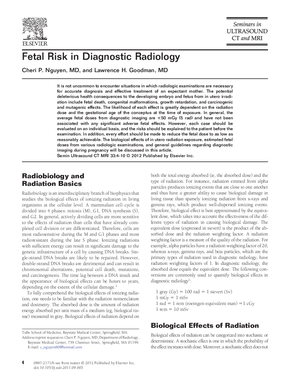 Fetal Risk in Diagnostic Radiology