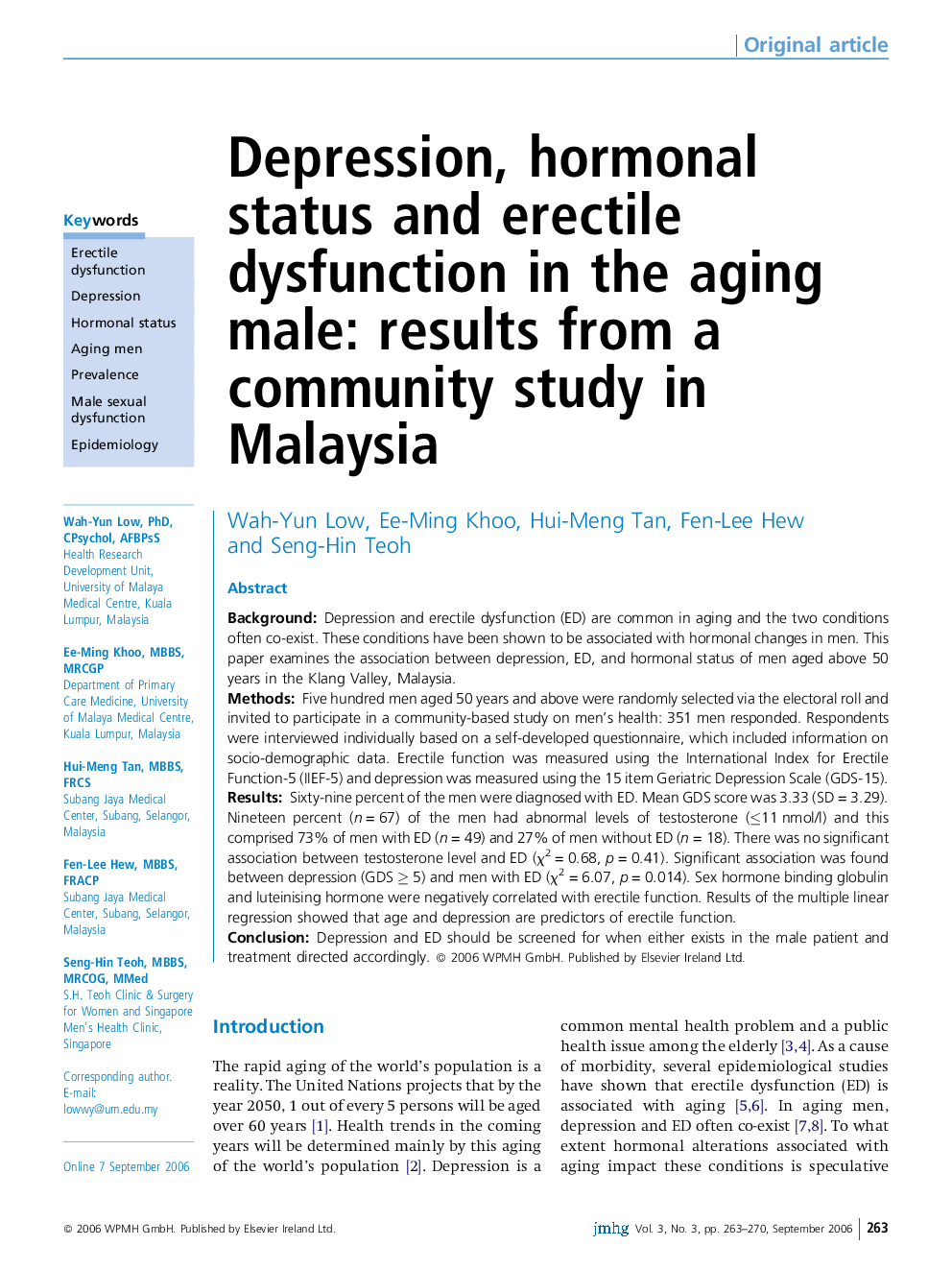 Depression, hormonal status and erectile dysfunction in the aging male: results from a community study in Malaysia