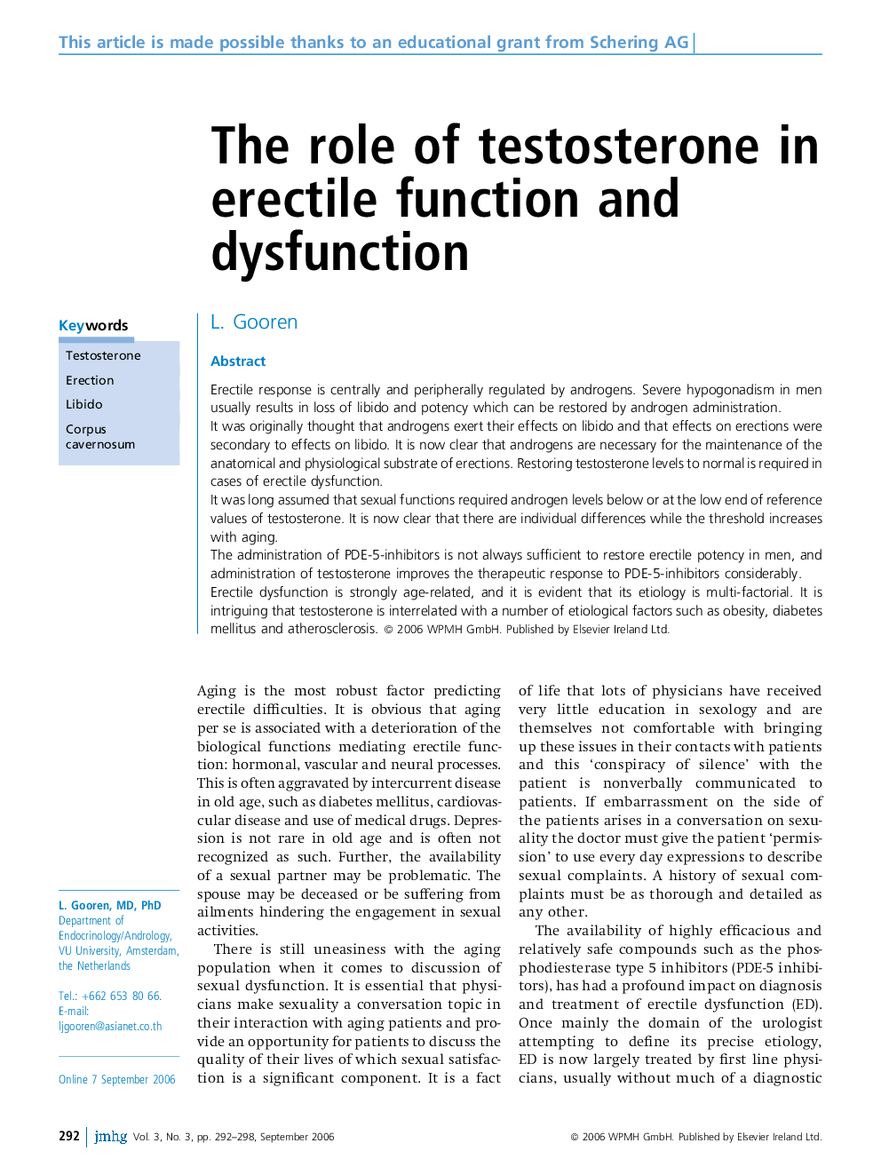 The role of testosterone in erectile function and dysfunction