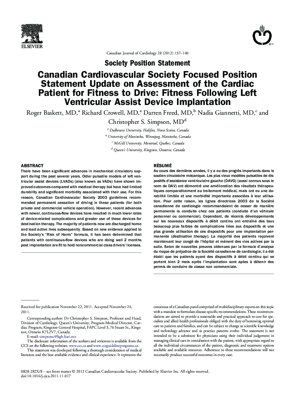 Canadian Cardiovascular Society Focused Position Statement Update on Assessment of the Cardiac Patient for Fitness to Drive: Fitness Following Left Ventricular Assist Device Implantation 