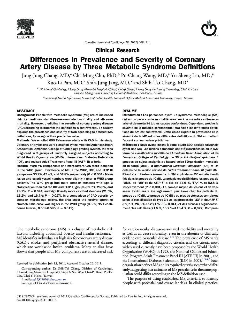 Differences in Prevalence and Severity of Coronary Artery Disease by Three Metabolic Syndrome Definitions 