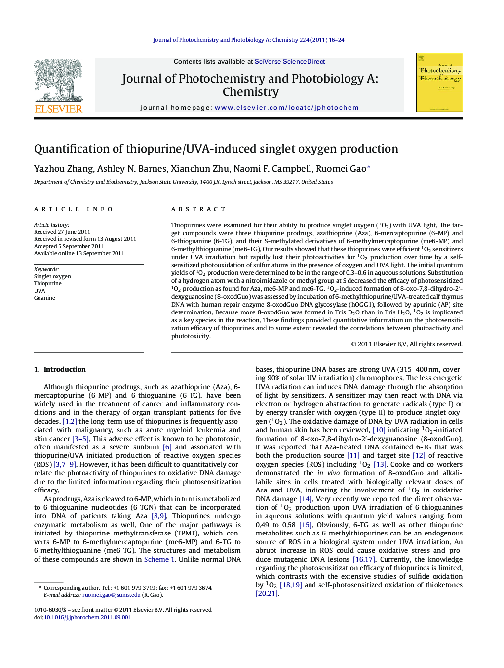 Quantification of thiopurine/UVA-induced singlet oxygen production