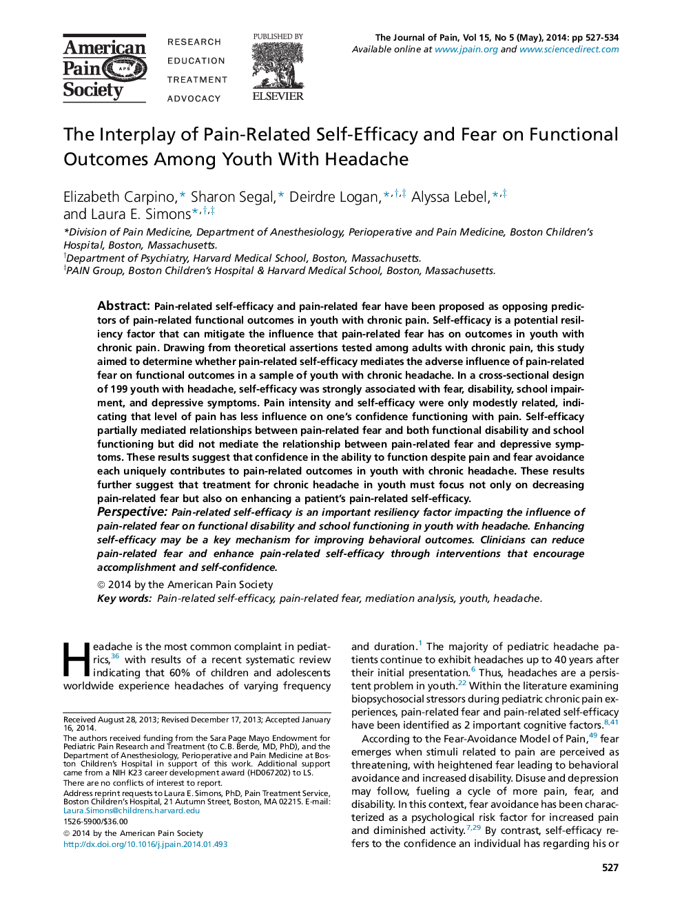 The Interplay of Pain-Related Self-Efficacy and Fear on Functional Outcomes Among Youth With Headache 