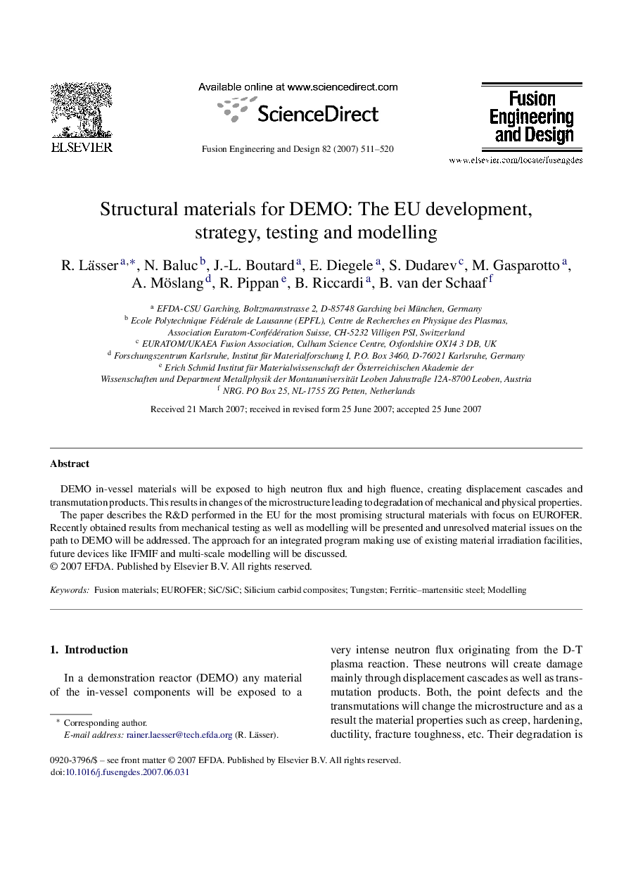 Structural materials for DEMO: The EU development, strategy, testing and modelling