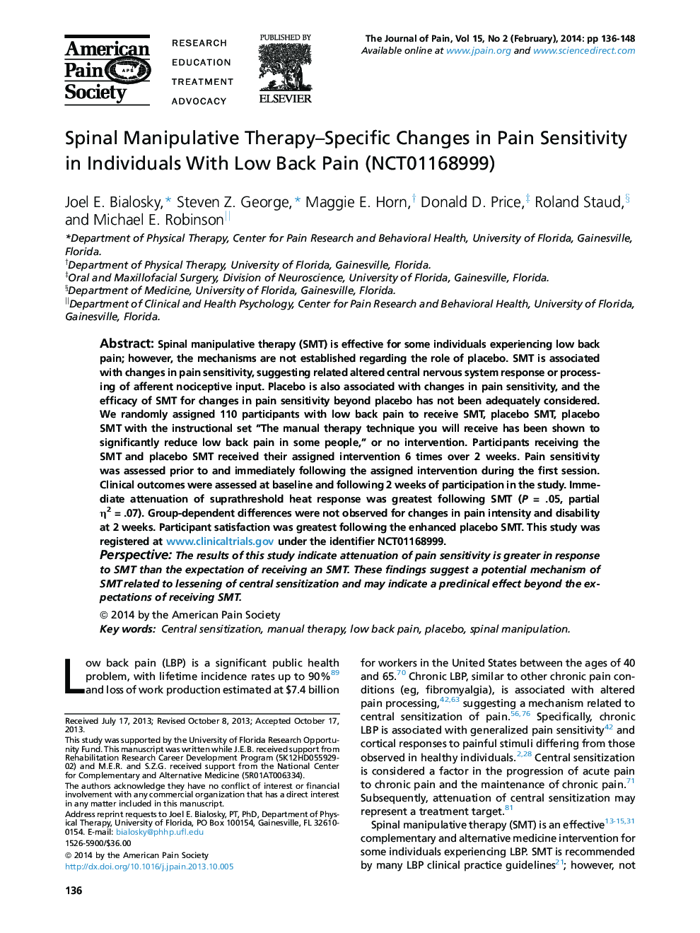 Spinal Manipulative Therapy–Specific Changes in Pain Sensitivity in Individuals With Low Back Pain (NCT01168999) 