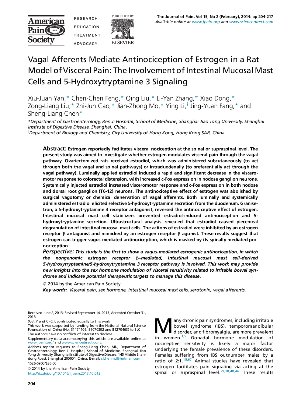 Vagal Afferents Mediate Antinociception of Estrogen in a Rat Model of Visceral Pain: The Involvement of Intestinal Mucosal Mast Cells and 5-Hydroxytryptamine 3 Signaling 