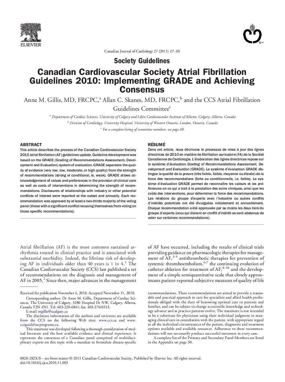 Canadian Cardiovascular Society Atrial Fibrillation Guidelines 2010: Implementing GRADE and Achieving Consensus 