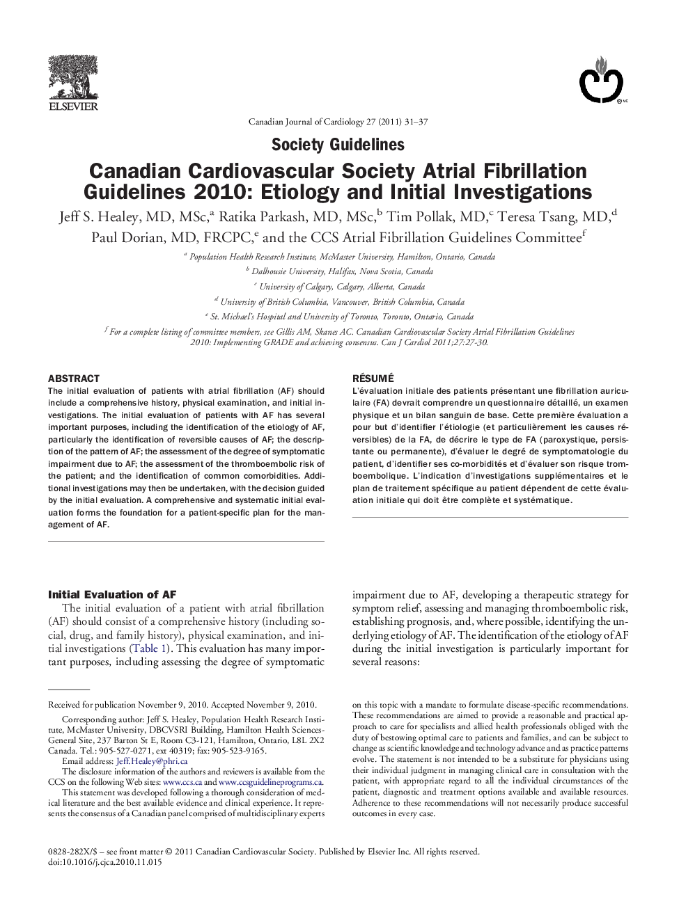 Canadian Cardiovascular Society Atrial Fibrillation Guidelines 2010: Etiology and Initial Investigations 