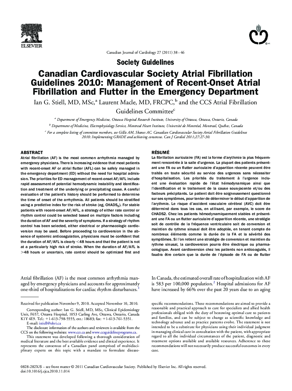 Canadian Cardiovascular Society Atrial Fibrillation Guidelines 2010: Management of Recent-Onset Atrial Fibrillation and Flutter in the Emergency Department 