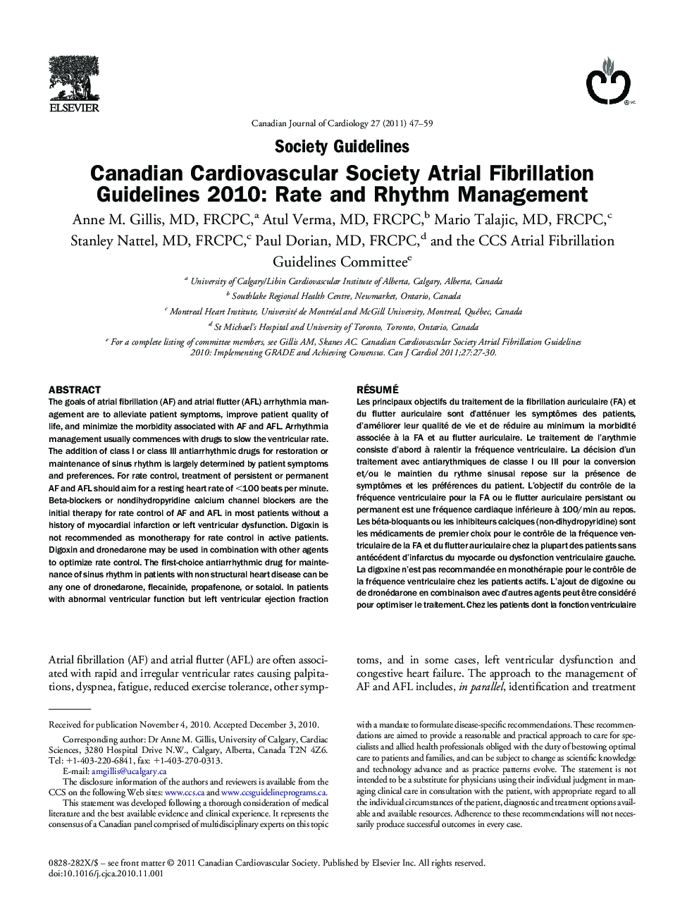 Canadian Cardiovascular Society Atrial Fibrillation Guidelines 2010: Rate and Rhythm Management 