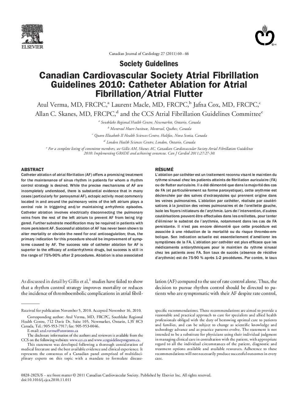Canadian Cardiovascular Society Atrial Fibrillation Guidelines 2010: Catheter Ablation for Atrial Fibrillation/Atrial Flutter 