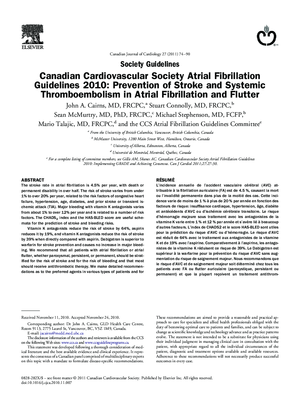 Canadian Cardiovascular Society Atrial Fibrillation Guidelines 2010: Prevention of Stroke and Systemic Thromboembolism in Atrial Fibrillation and Flutter 