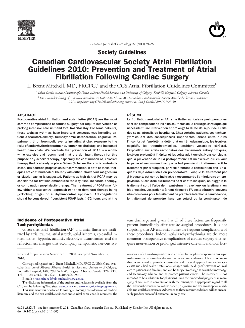 Canadian Cardiovascular Society Atrial Fibrillation Guidelines 2010: Prevention and Treatment of Atrial Fibrillation Following Cardiac Surgery 