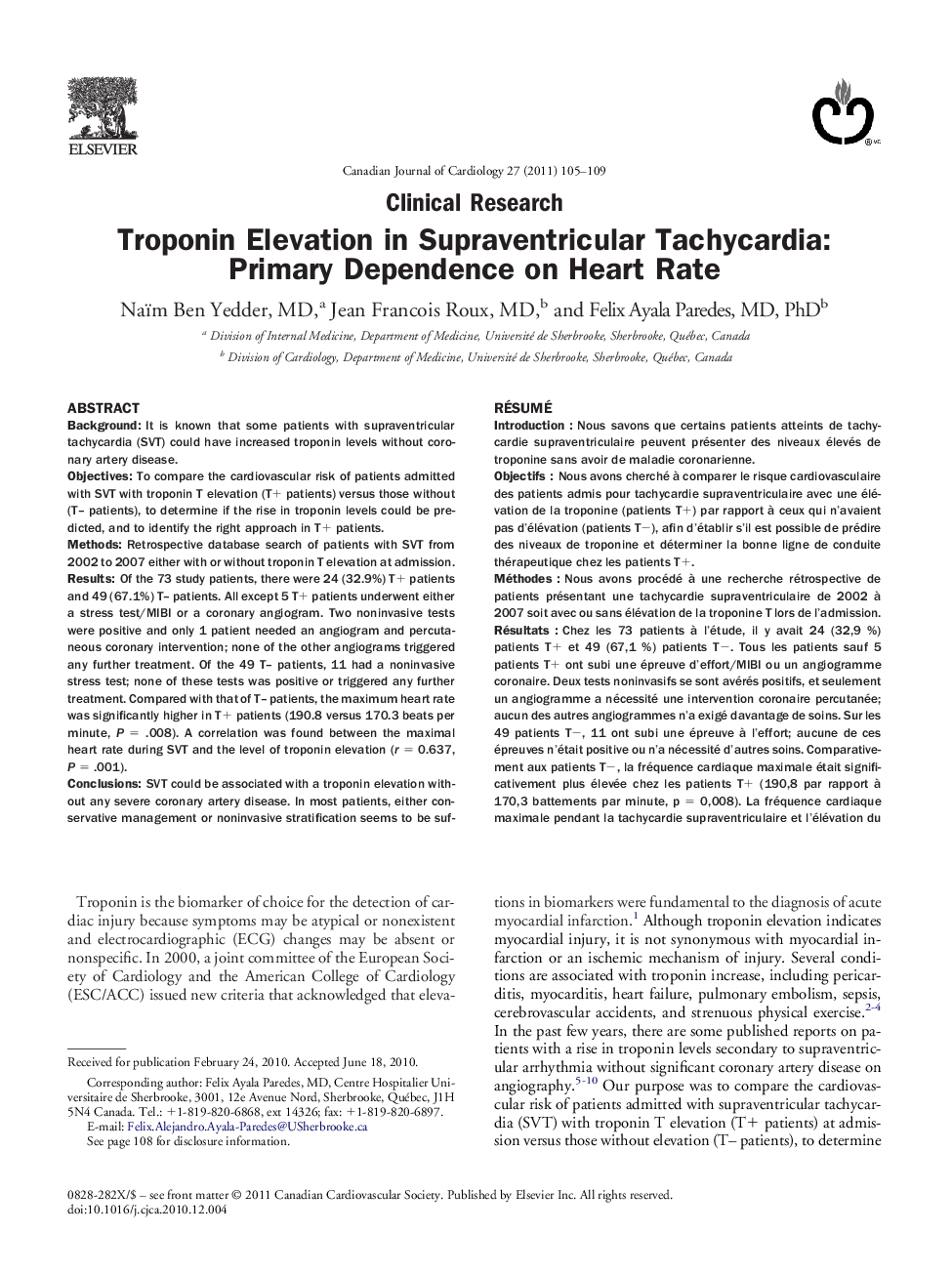Troponin Elevation in Supraventricular Tachycardia: Primary Dependence on Heart Rate 