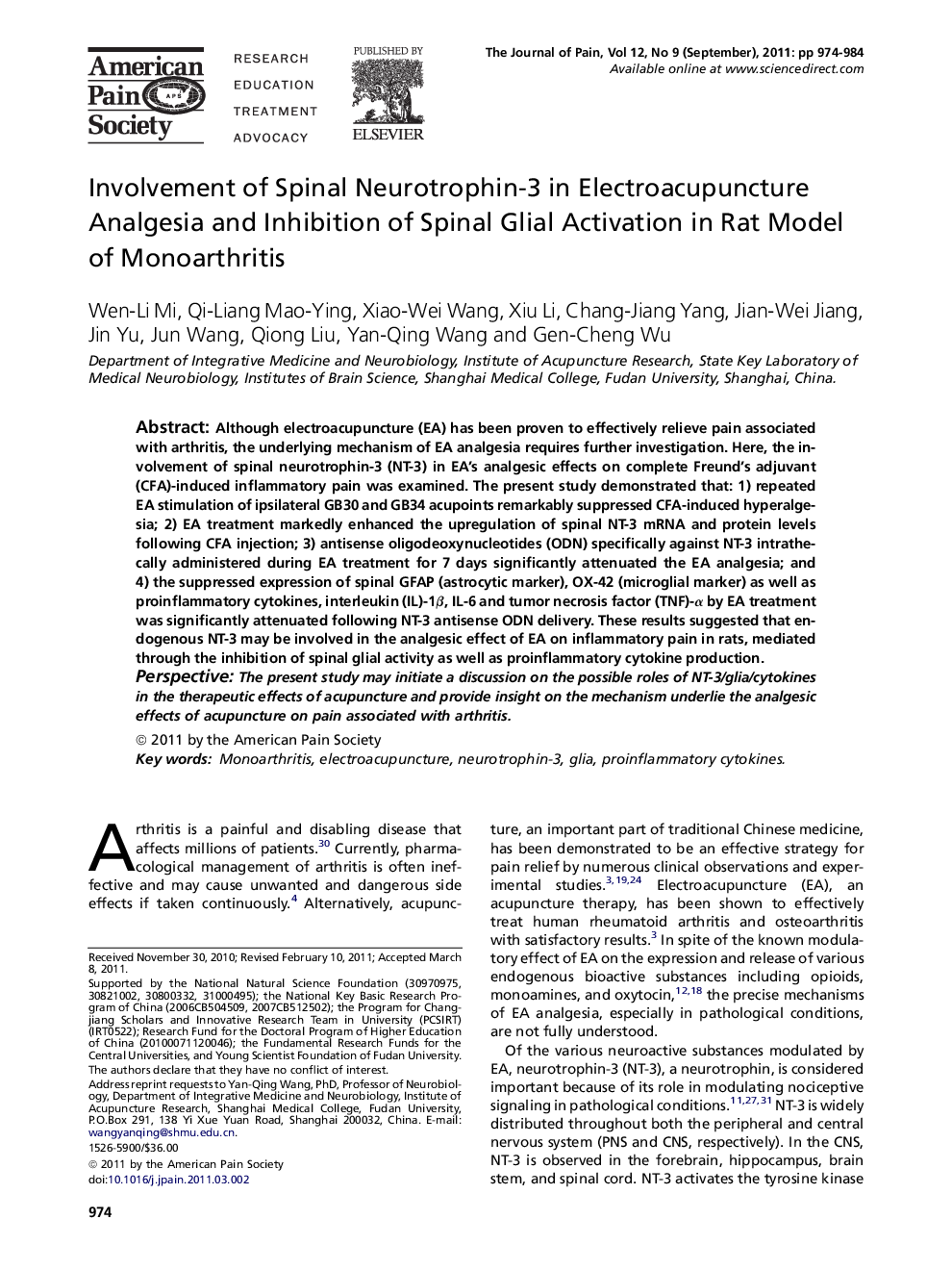 Involvement of Spinal Neurotrophin-3 in Electroacupuncture Analgesia and Inhibition of Spinal Glial Activation in Rat Model of Monoarthritis 