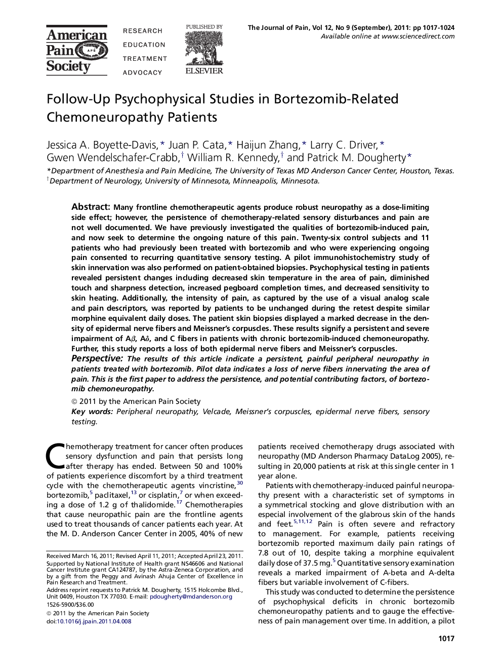 Follow-Up Psychophysical Studies in Bortezomib-Related Chemoneuropathy Patients 