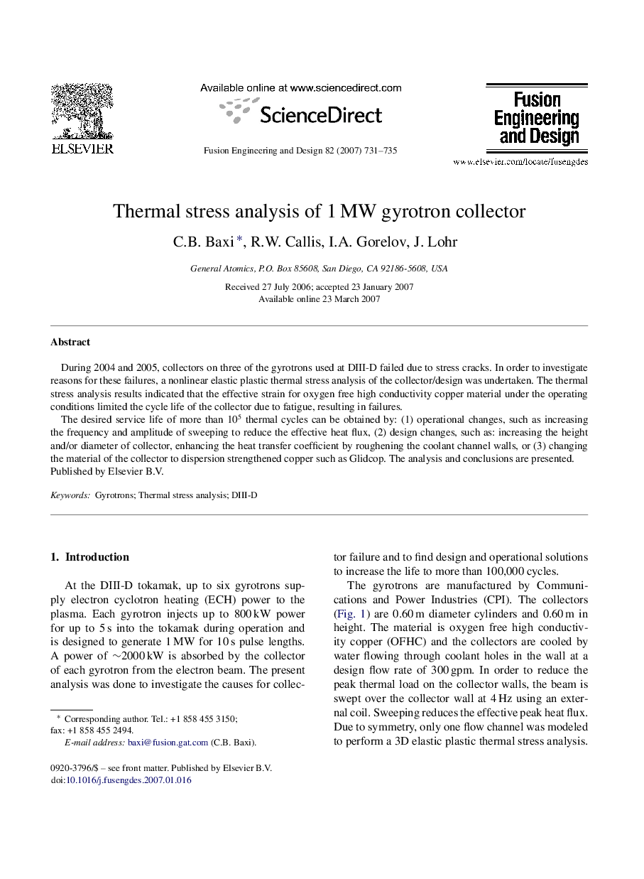 Thermal stress analysis of 1 MW gyrotron collector