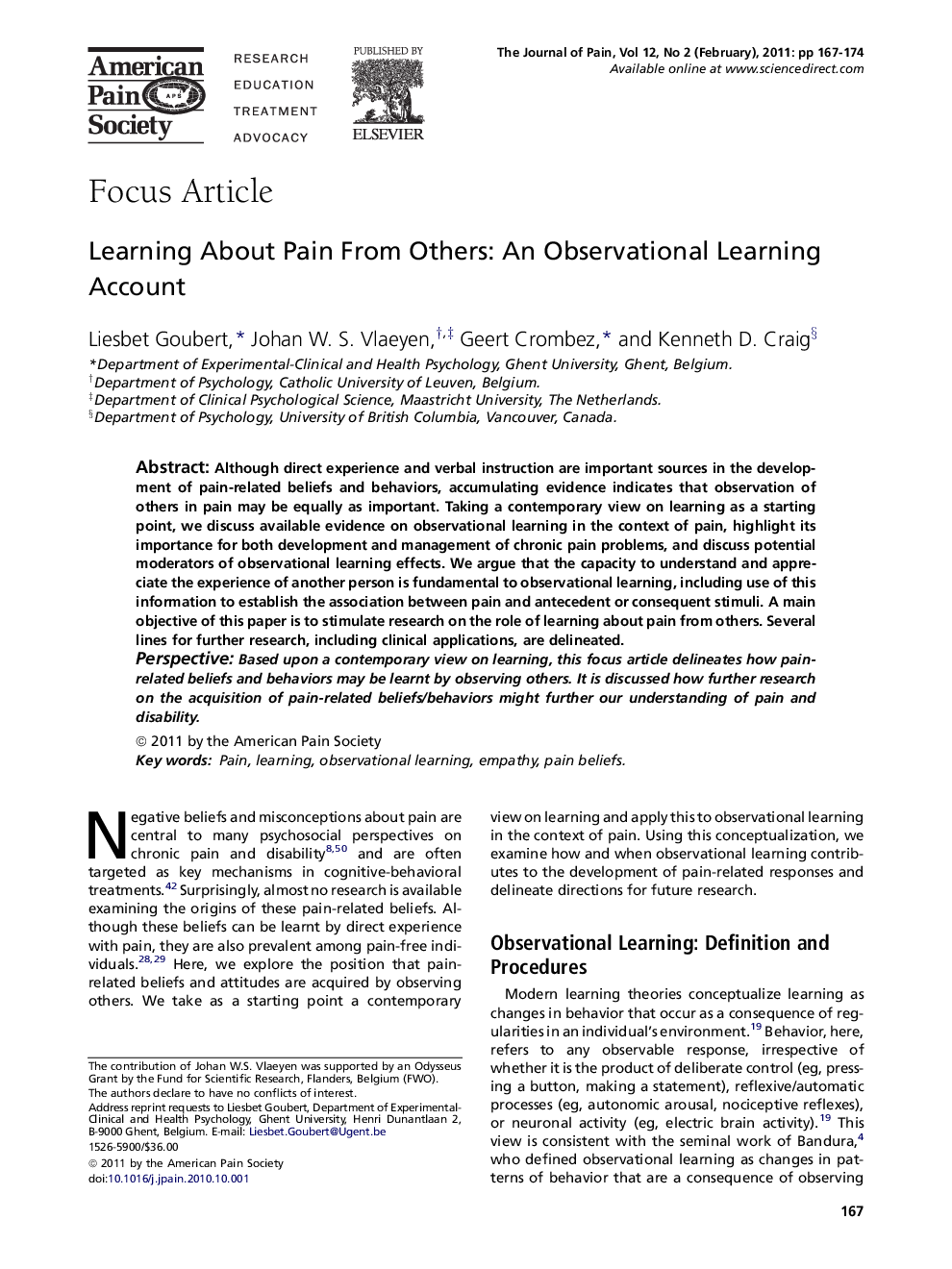 Learning About Pain From Others: An Observational Learning Account 