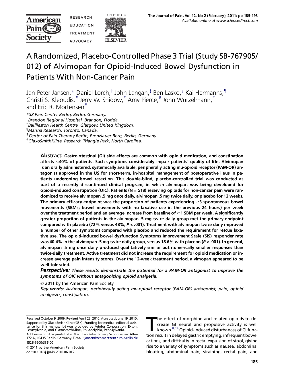 A Randomized, Placebo-Controlled Phase 3 Trial (Study SB-767905/012) of Alvimopan for Opioid-Induced Bowel Dysfunction in Patients With Non-Cancer Pain 