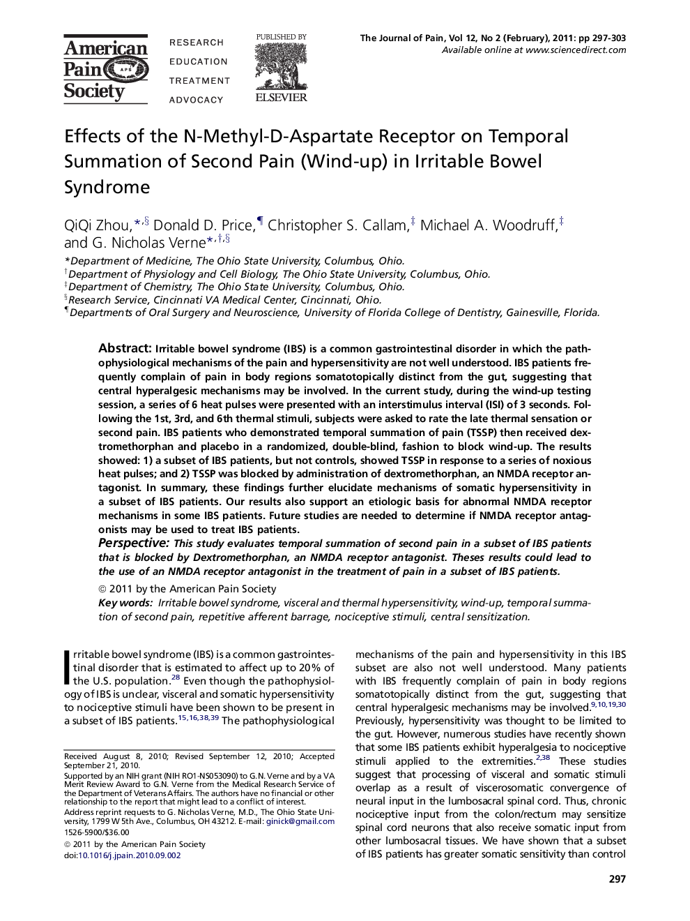 Effects of the N-Methyl-D-Aspartate Receptor on Temporal Summation of Second Pain (Wind-up) in Irritable Bowel Syndrome 